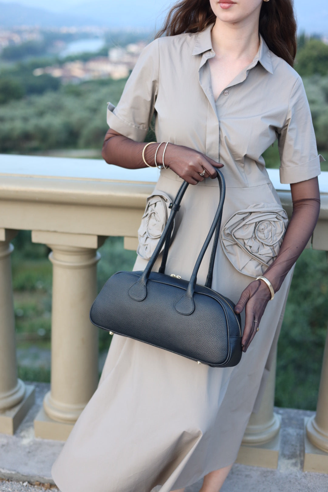 Nina East West Leather Shoulder Bag in  Black