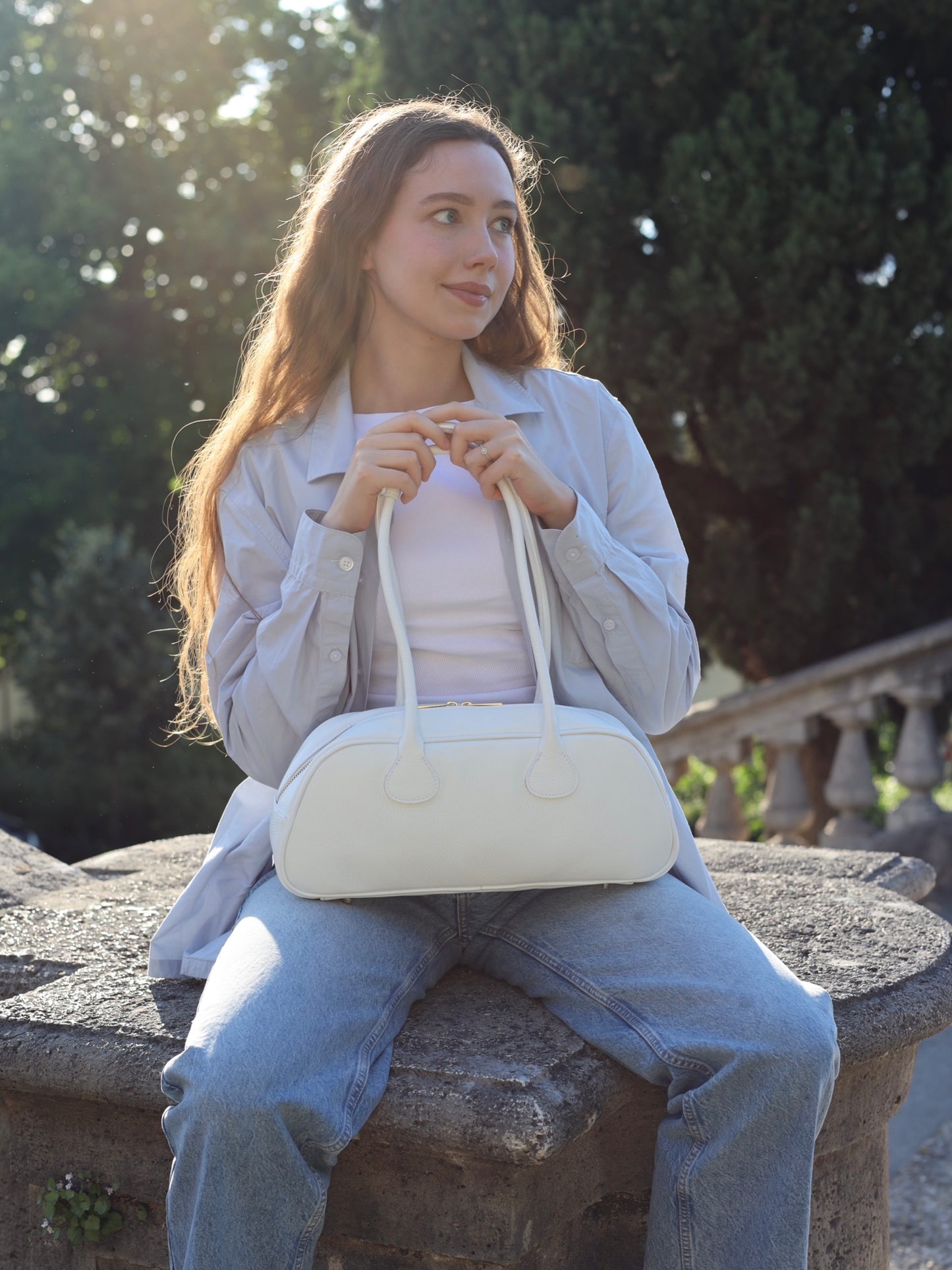Nina East West Leather Shoulder Bag White