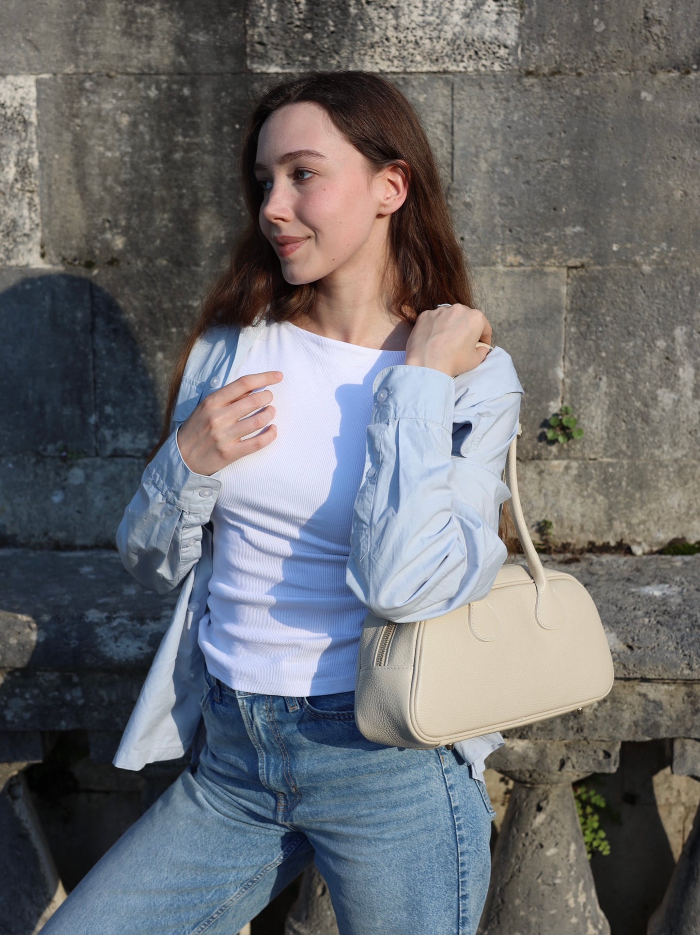 Nina East West Leather Shoulder Bag Beige