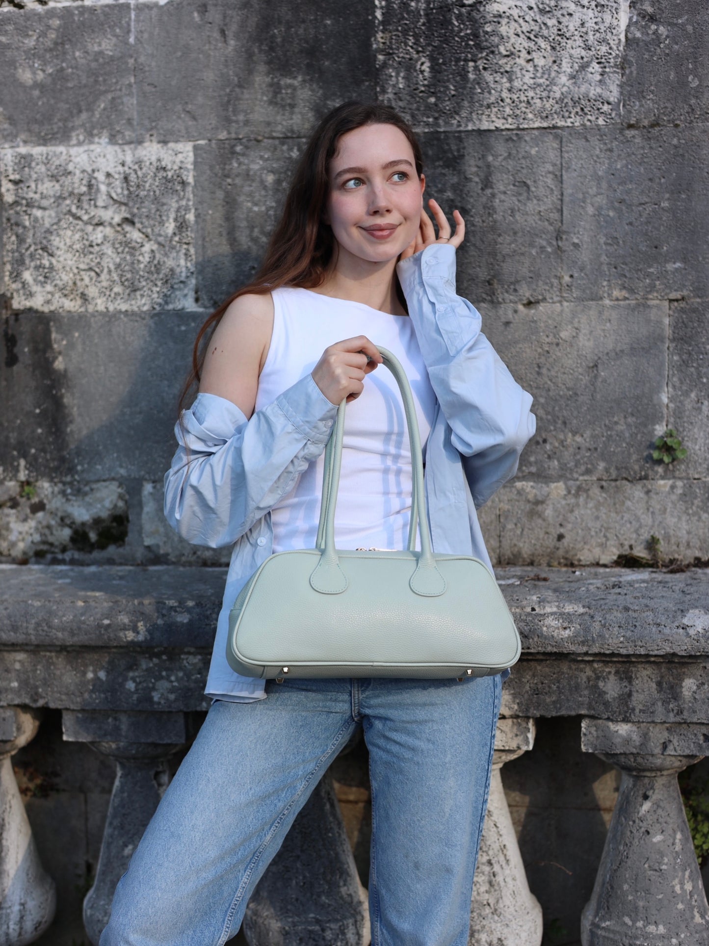 Nina East West Leather Shoulder Bag Mint
