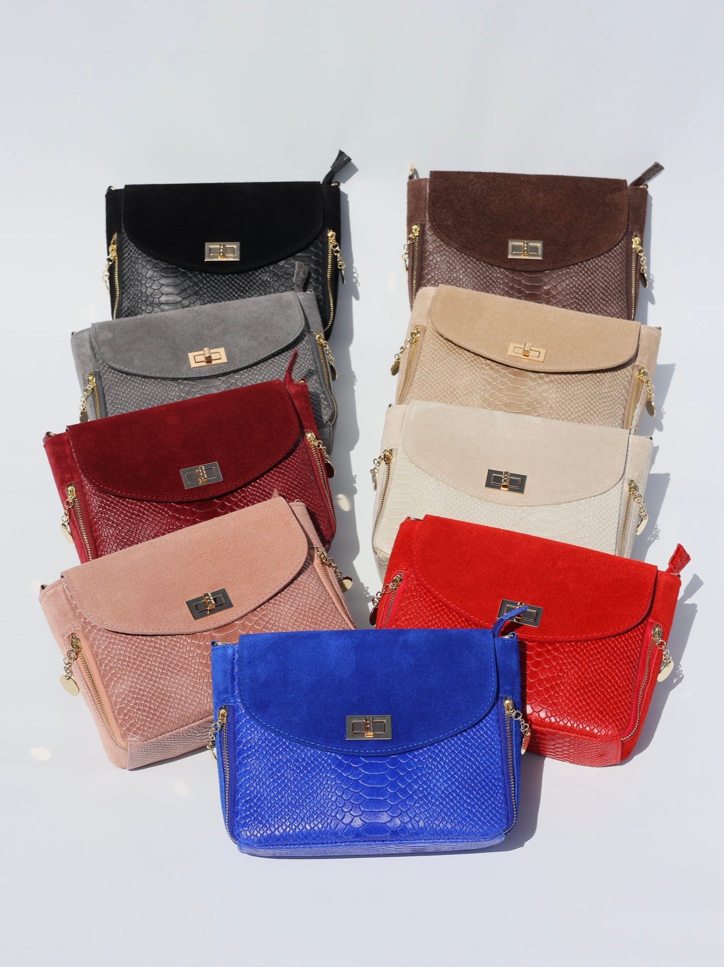 Aria Suede and Reptile Embossed Leather Cross Body Bag in Gray