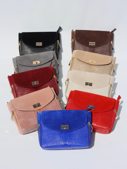 Aria Suede and Reptile Embossed Leather Cross Body Bag in Gray