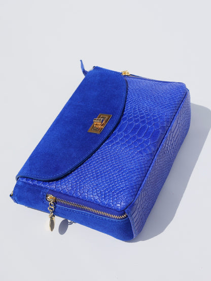 Aria Suede and Reptile Embossed Leather Cross Body Bag in Royal Blue