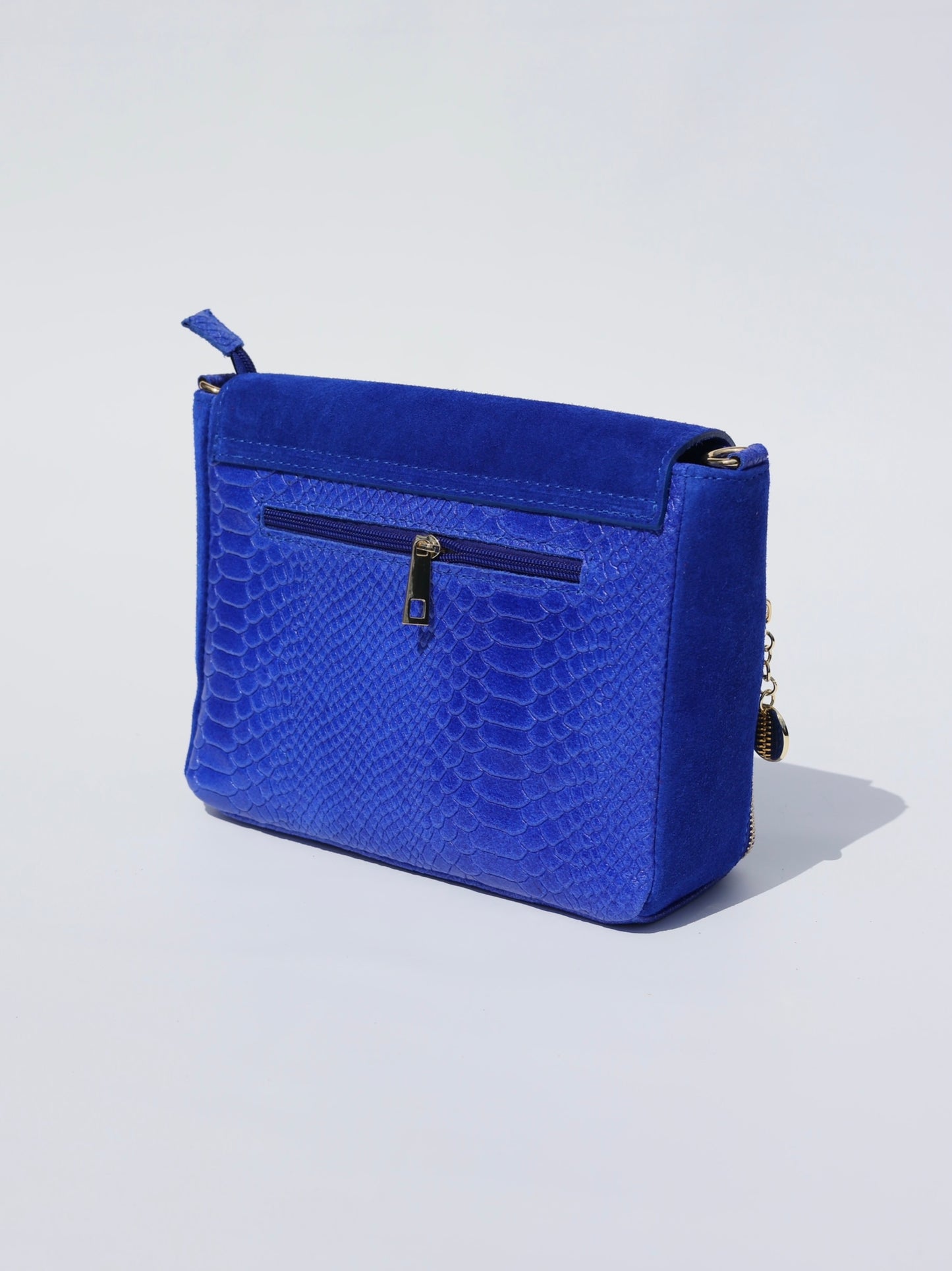 Aria Suede and Reptile Embossed Leather Cross Body Bag in Royal Blue