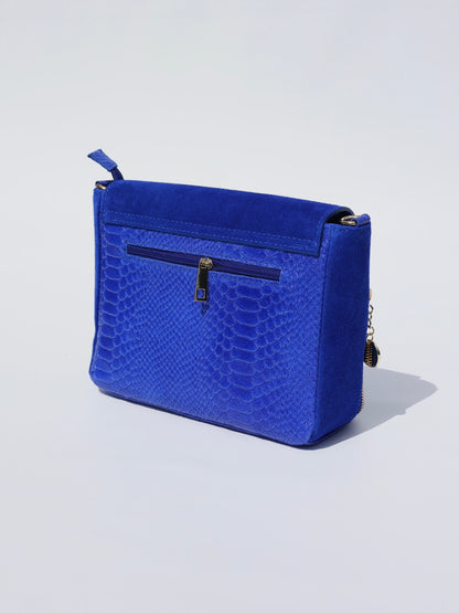 Aria Suede and Reptile Embossed Leather Cross Body Bag in Royal Blue