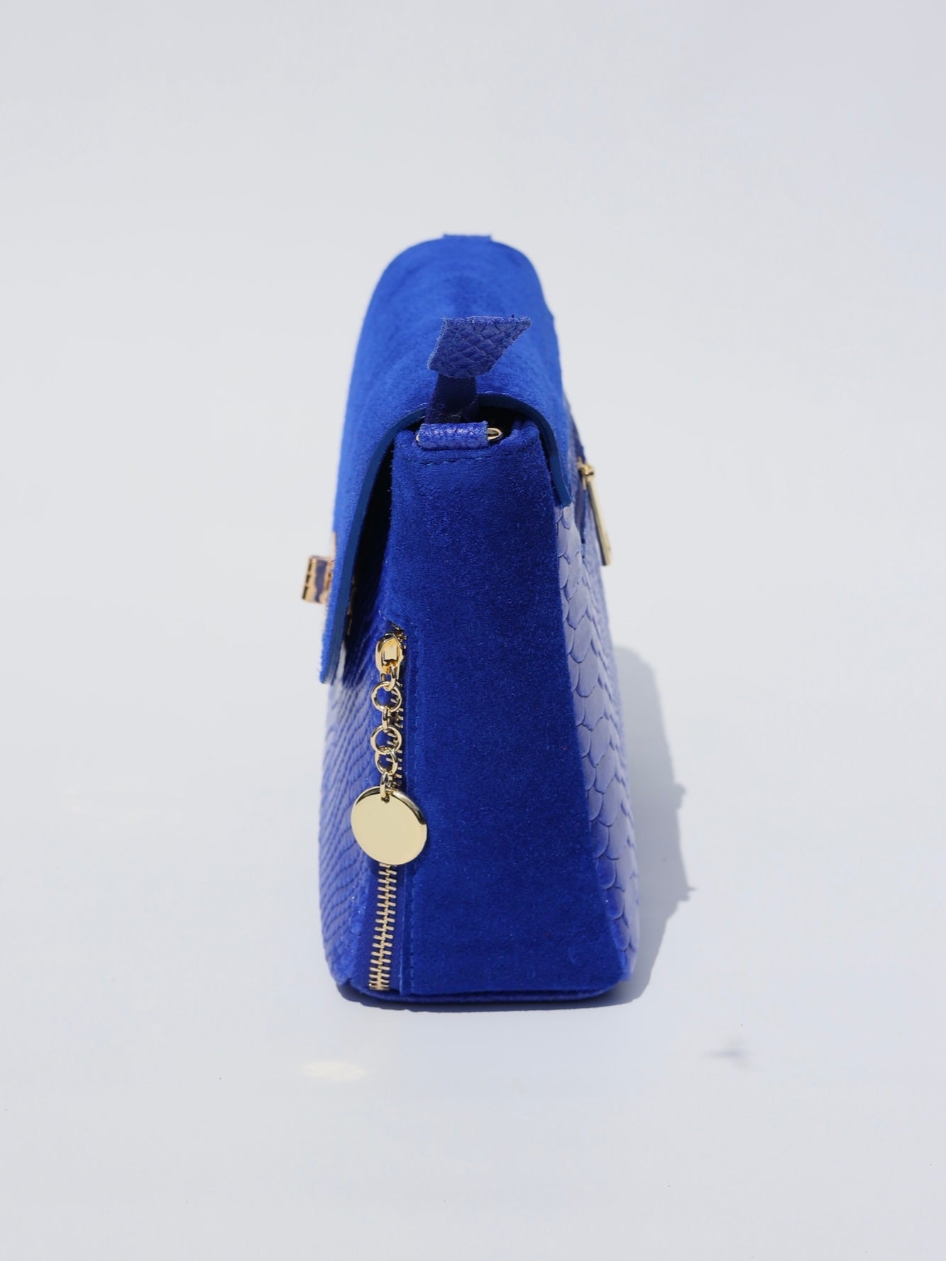 Aria Suede and Reptile Embossed Leather Cross Body Bag in Royal Blue