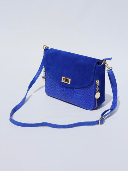 Aria Suede and Reptile Embossed Leather Cross Body Bag in Royal Blue