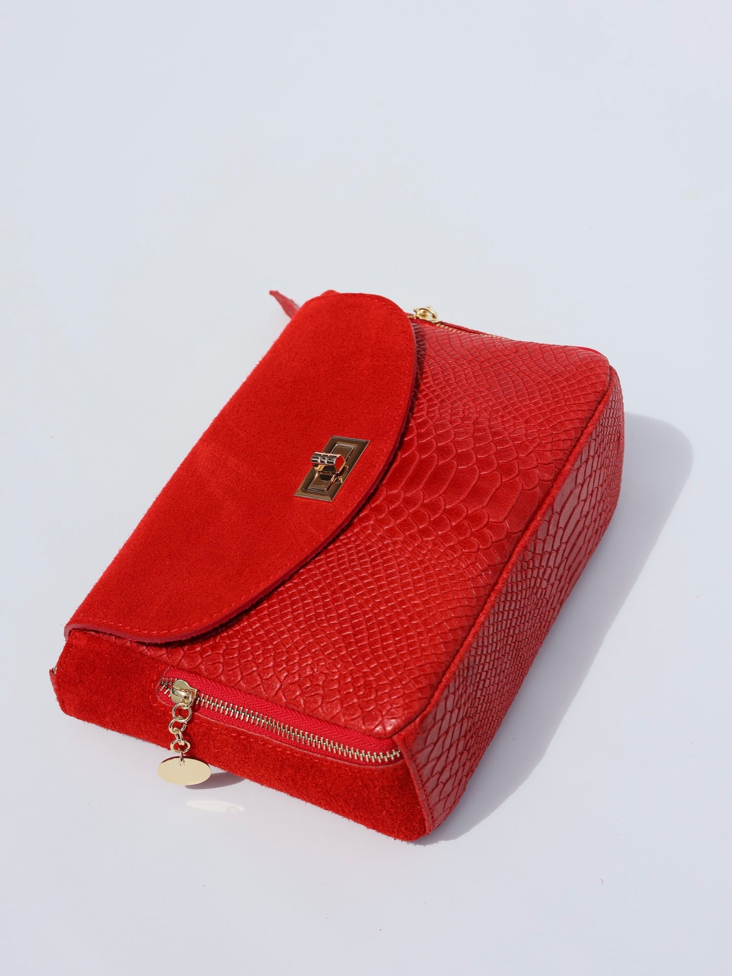 Aria Suede and Reptile Embossed Leather Cross Body Bag in Red