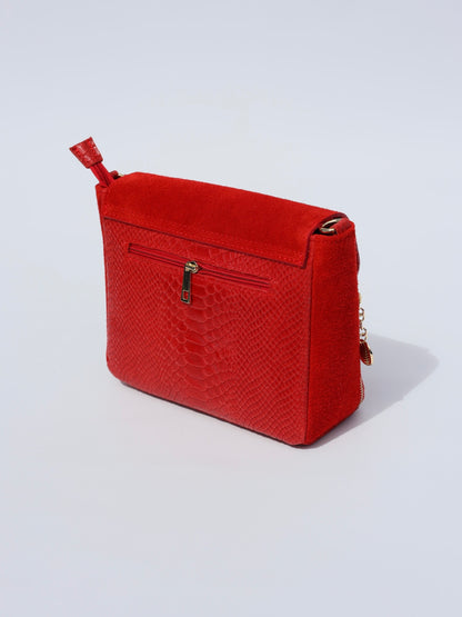 Aria Suede and Reptile Embossed Leather Cross Body Bag in Red