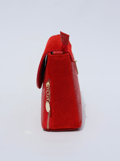 Aria Suede and Reptile Embossed Leather Cross Body Bag in Red