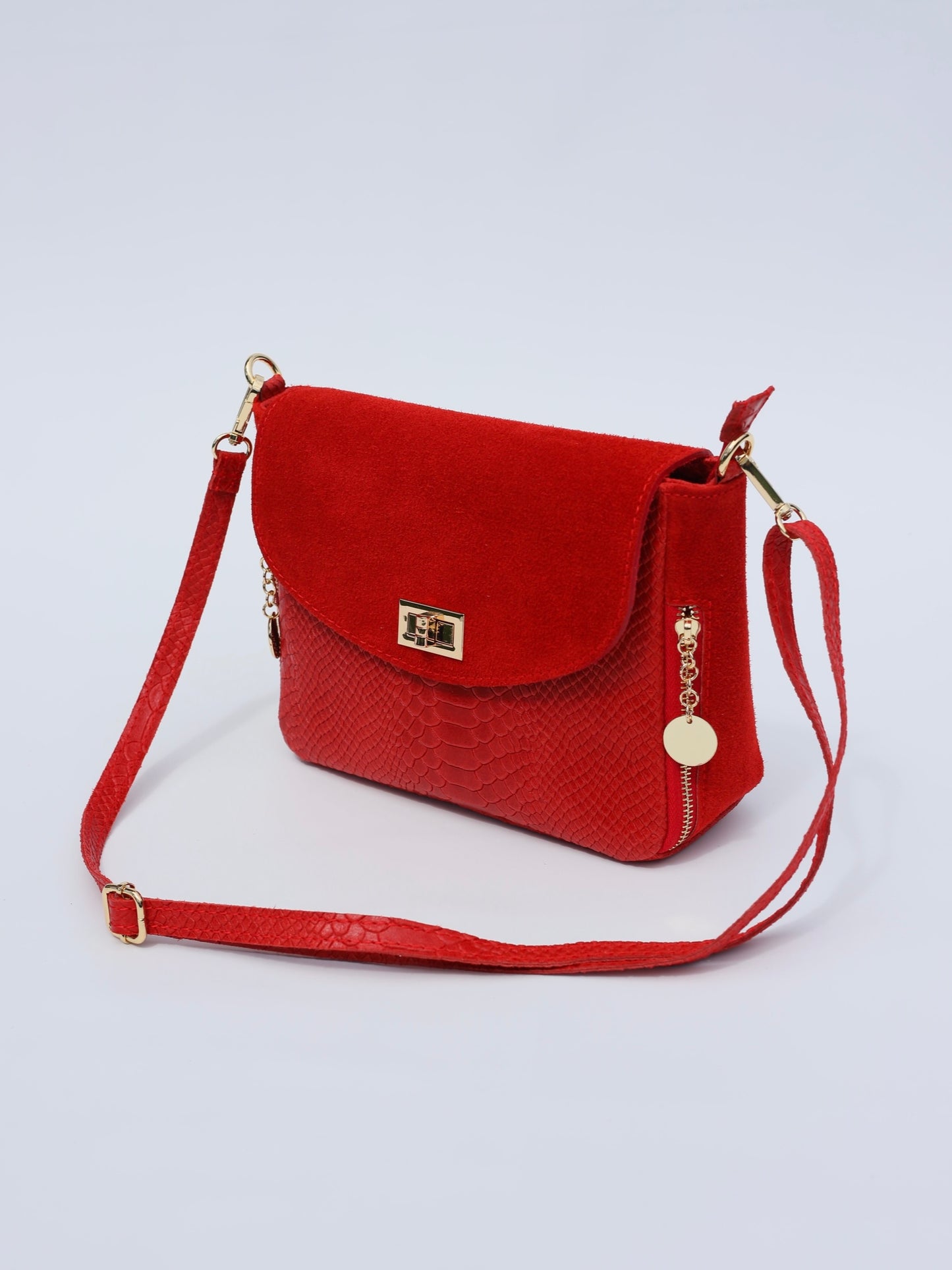 Aria Suede and Reptile Embossed Leather Cross Body Bag in Red