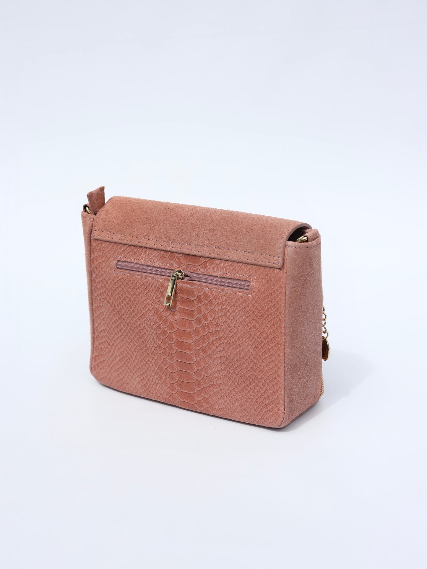 Aria Suede and Reptile Embossed Leather Cross Body Bag in Dusty Pink