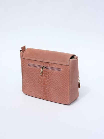 Aria Suede and Reptile Embossed Leather Cross Body Bag in Dusty Pink