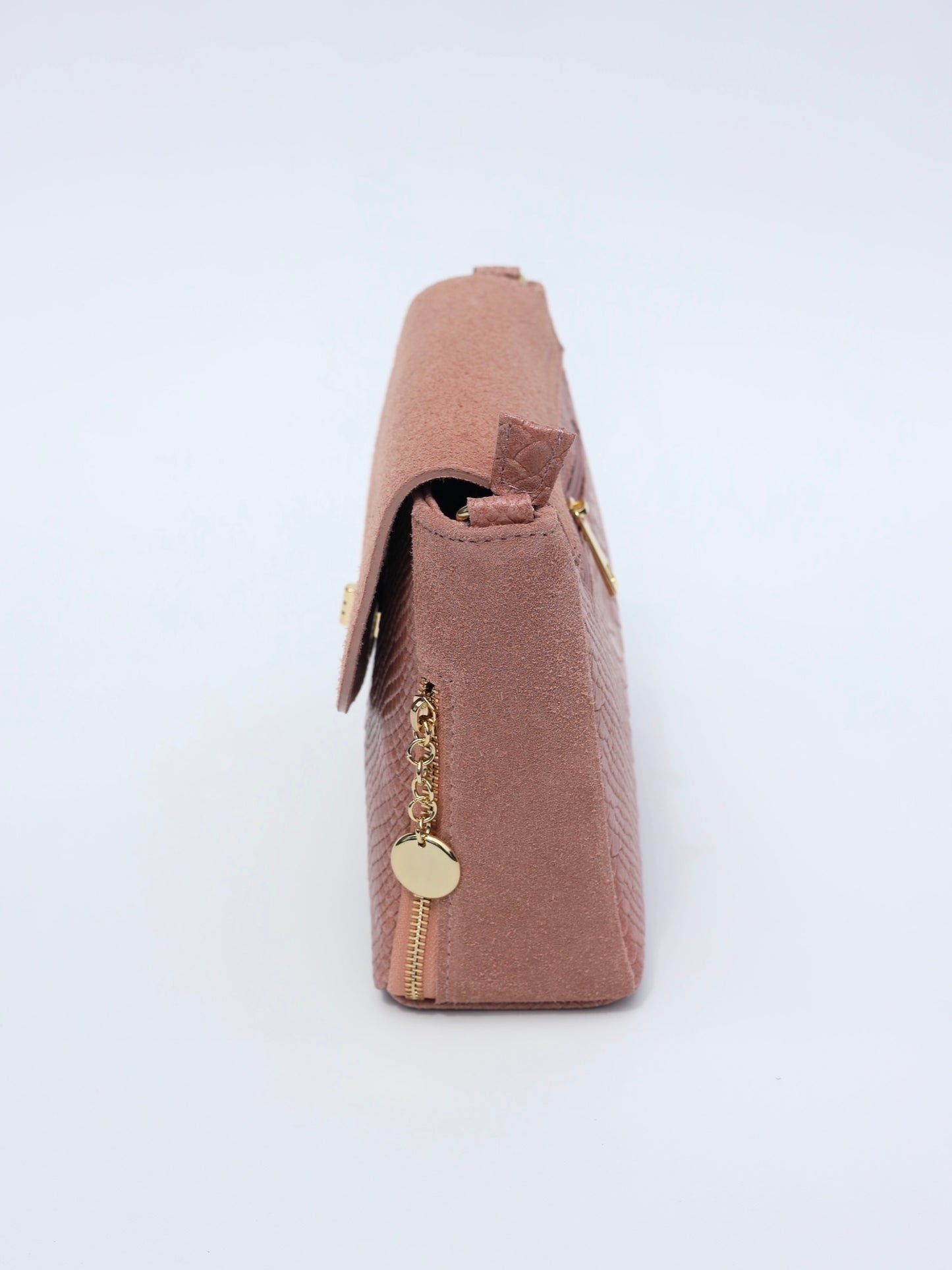 Aria Suede and Reptile Embossed Leather Cross Body Bag in Dusty Pink