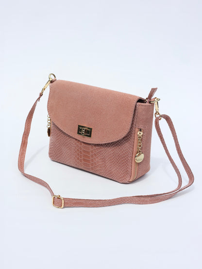 Aria Suede and Reptile Embossed Leather Cross Body Bag in Dusty Pink
