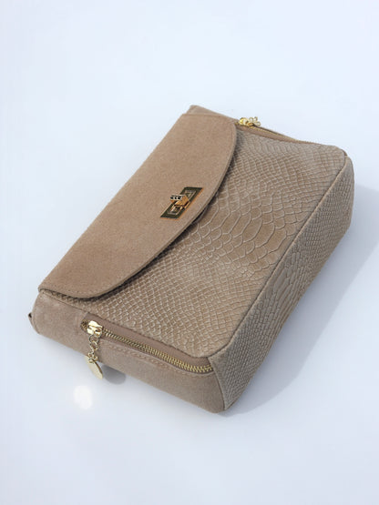 Aria Suede and Reptile Embossed Leather Cross Body Bag in Beige