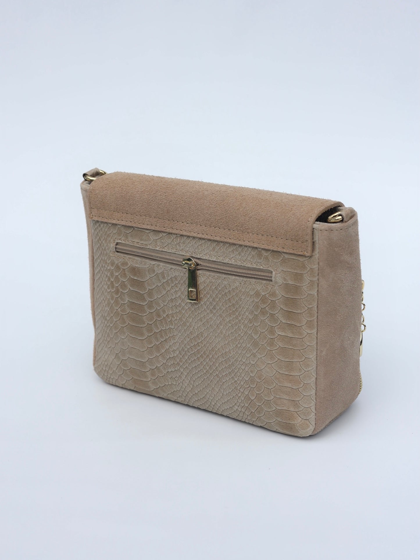 Aria Suede and Reptile Embossed Leather Cross Body Bag in Beige