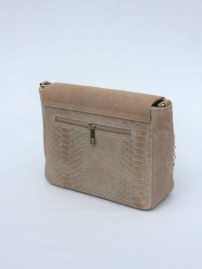 Aria Suede and Reptile Embossed Leather Cross Body Bag in Beige