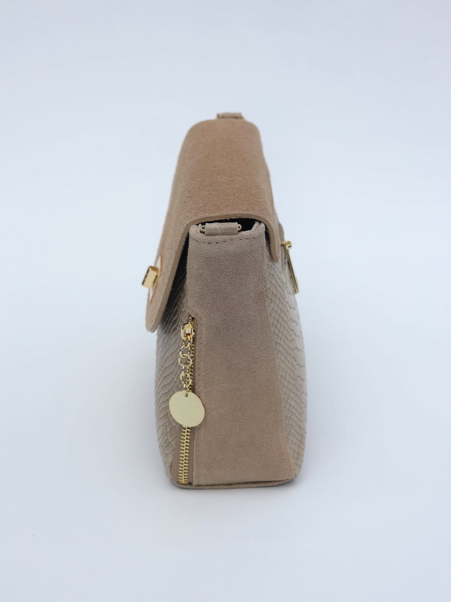 Aria Suede and Reptile Embossed Leather Cross Body Bag in Beige