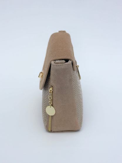 Aria Suede and Reptile Embossed Leather Cross Body Bag in Beige