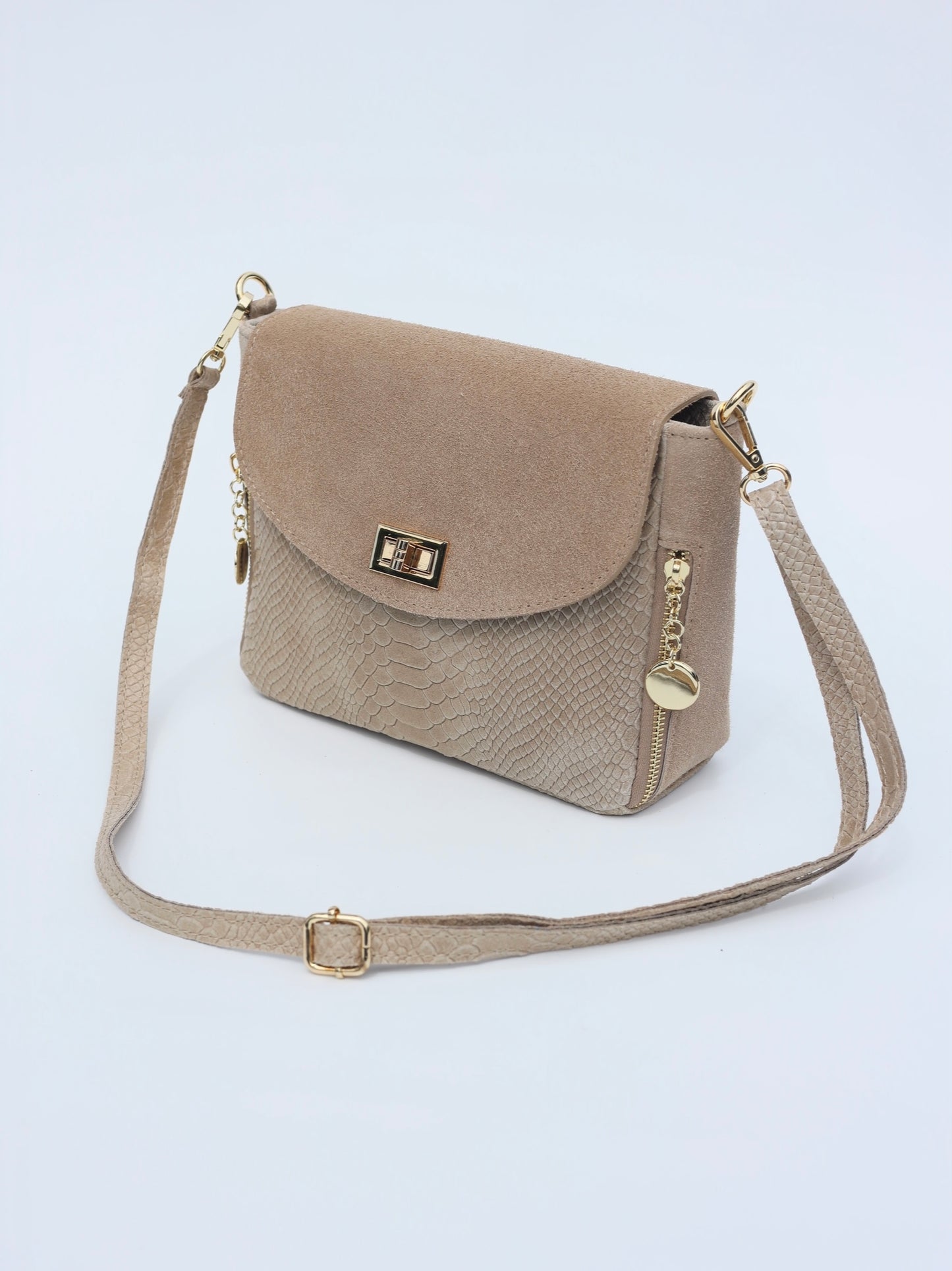 Aria Suede and Reptile Embossed Leather Cross Body Bag in Beige