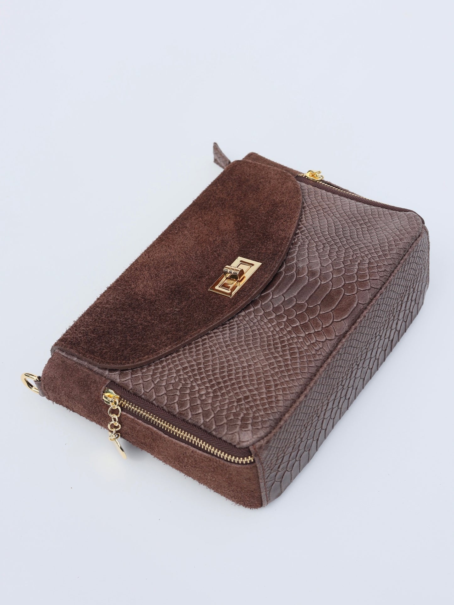 Aria Suede and Reptile Embossed Leather Cross Body Bag in Chocolate Brown