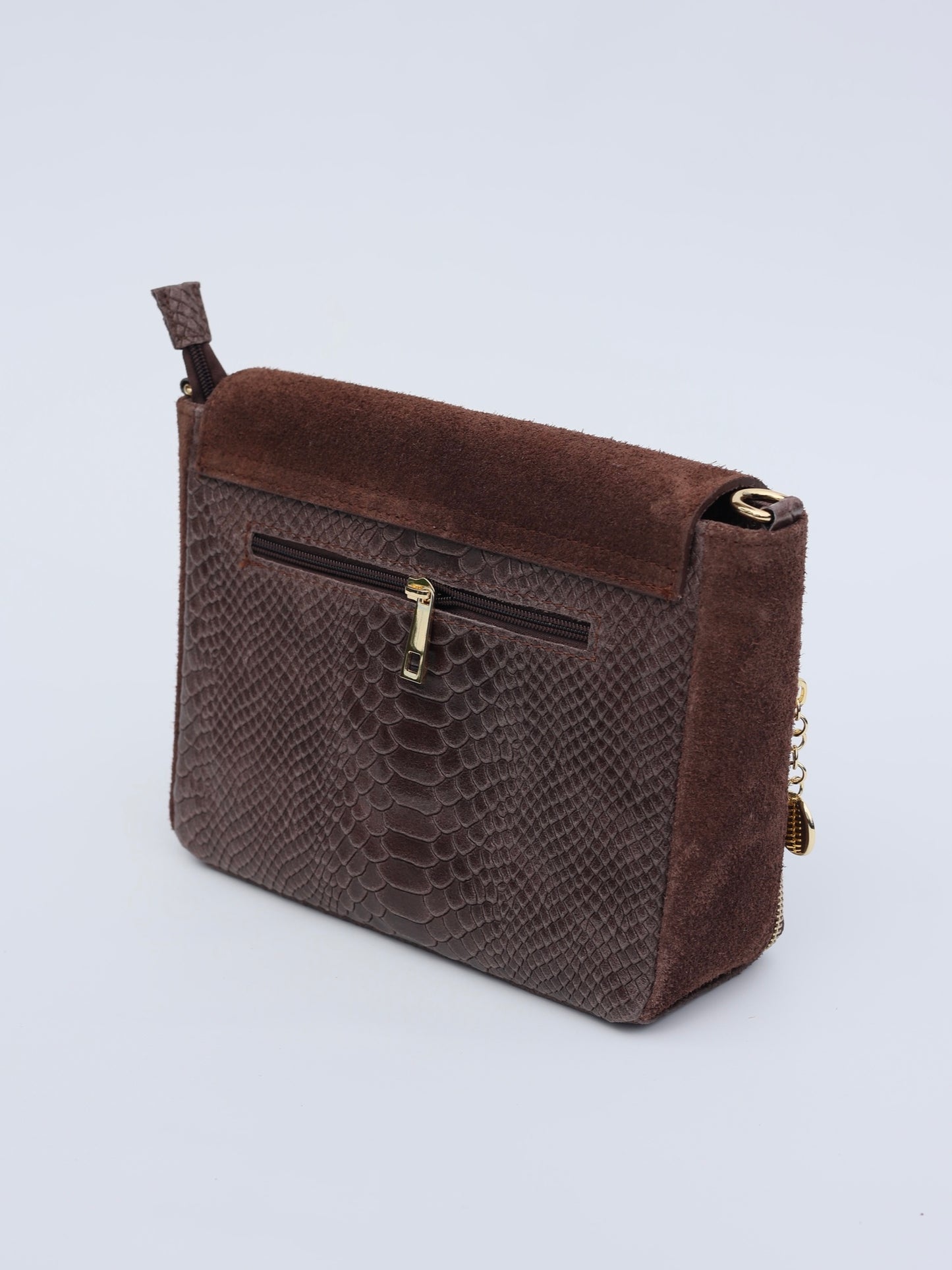 Aria Suede and Reptile Embossed Leather Cross Body Bag in Chocolate Brown