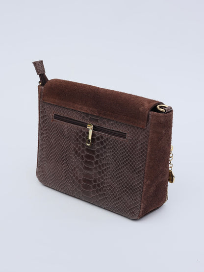 Aria Suede and Reptile Embossed Leather Cross Body Bag in Chocolate Brown