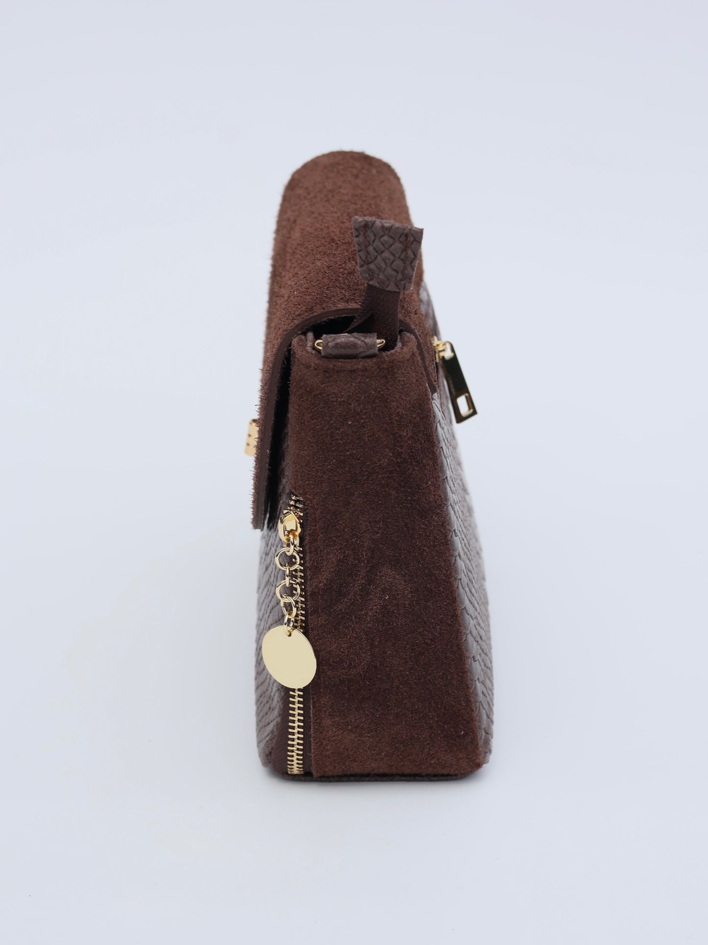 Aria Suede and Reptile Embossed Leather Cross Body Bag in Chocolate Brown
