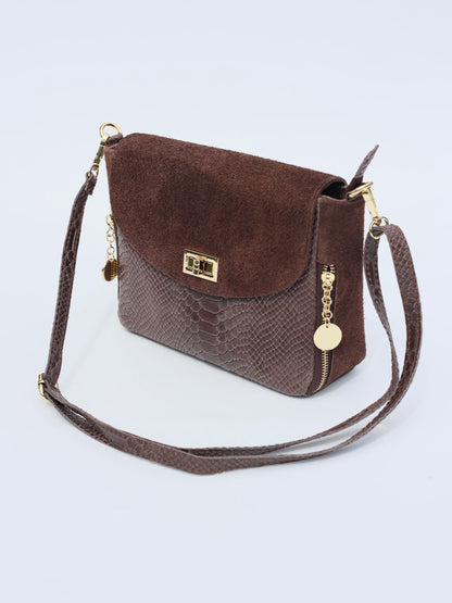 Aria Suede and Reptile Embossed Leather Cross Body Bag in Chocolate Brown