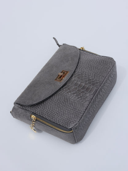 Aria Suede and Reptile Embossed Leather Cross Body Bag in Gray