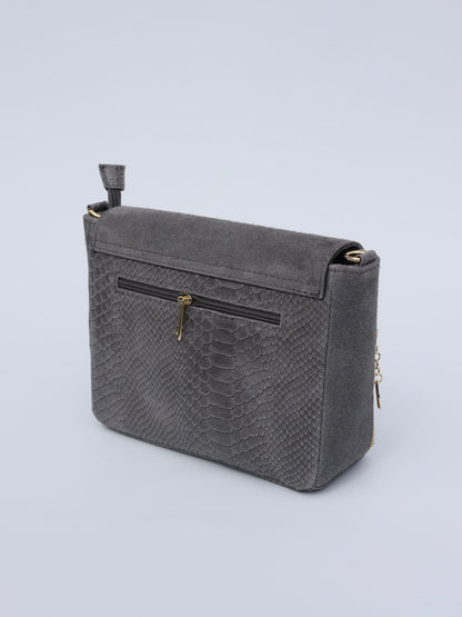 Aria Suede and Reptile Embossed Leather Cross Body Bag in Gray