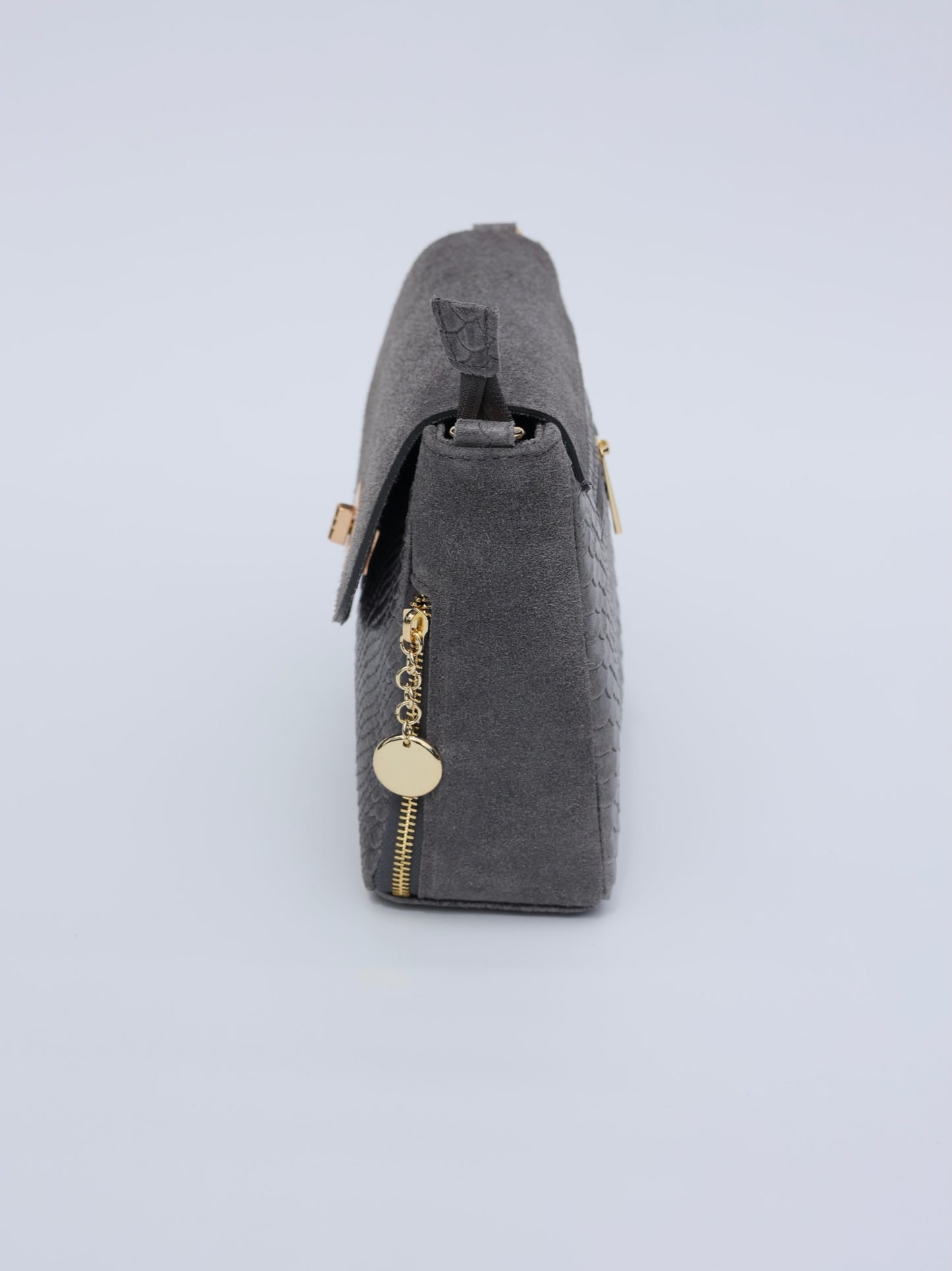 Aria Suede and Reptile Embossed Leather Cross Body Bag in Gray