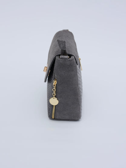 Aria Suede and Reptile Embossed Leather Cross Body Bag in Gray