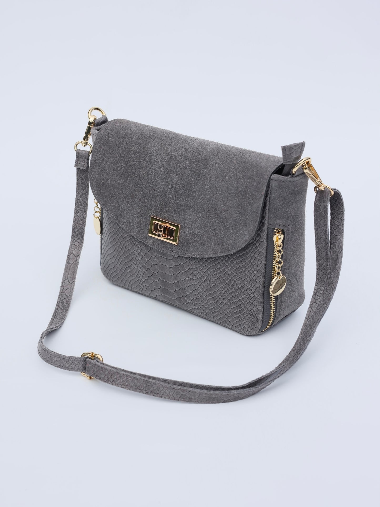 Aria Suede and Reptile Embossed Leather Cross Body Bag in Gray