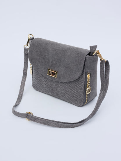 Aria Suede and Reptile Embossed Leather Cross Body Bag in Gray