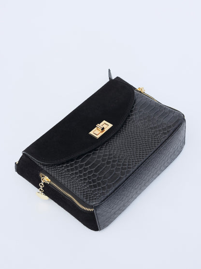 Aria Suede and Reptile Embossed Leather Cross Body Bag in Black