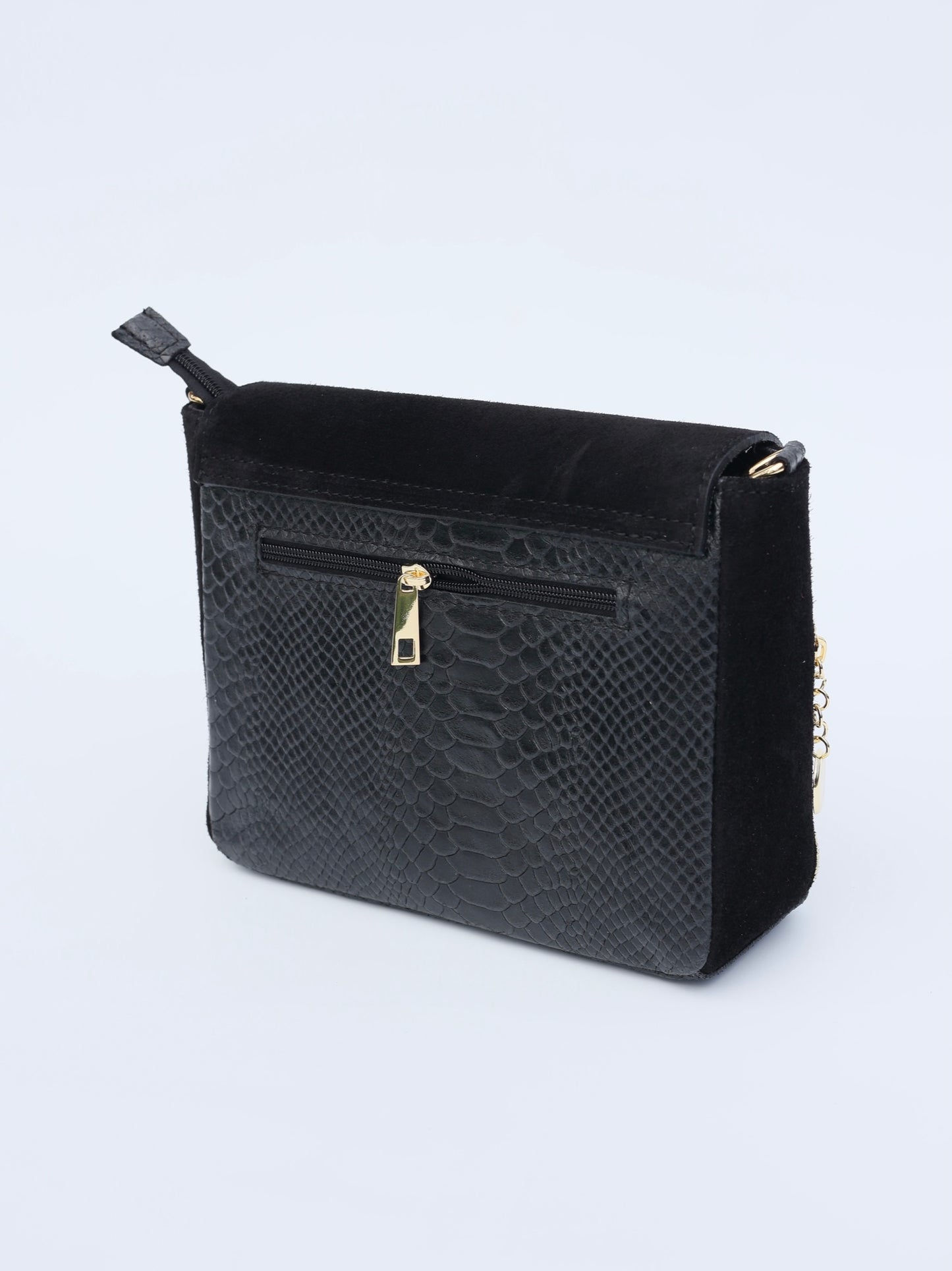 Aria Suede and Reptile Embossed Leather Cross Body Bag in Black