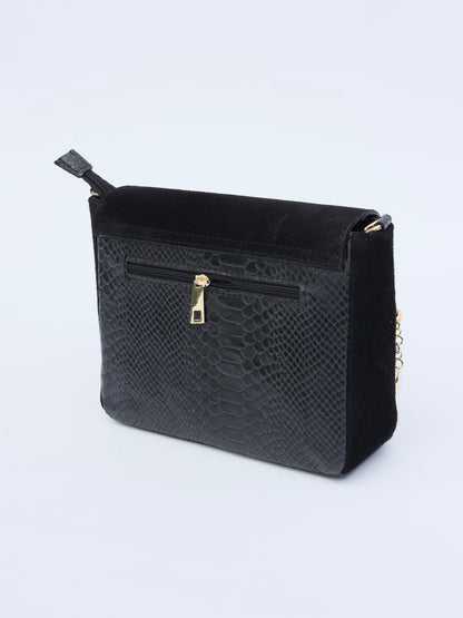 Aria Suede and Reptile Embossed Leather Cross Body Bag in Black