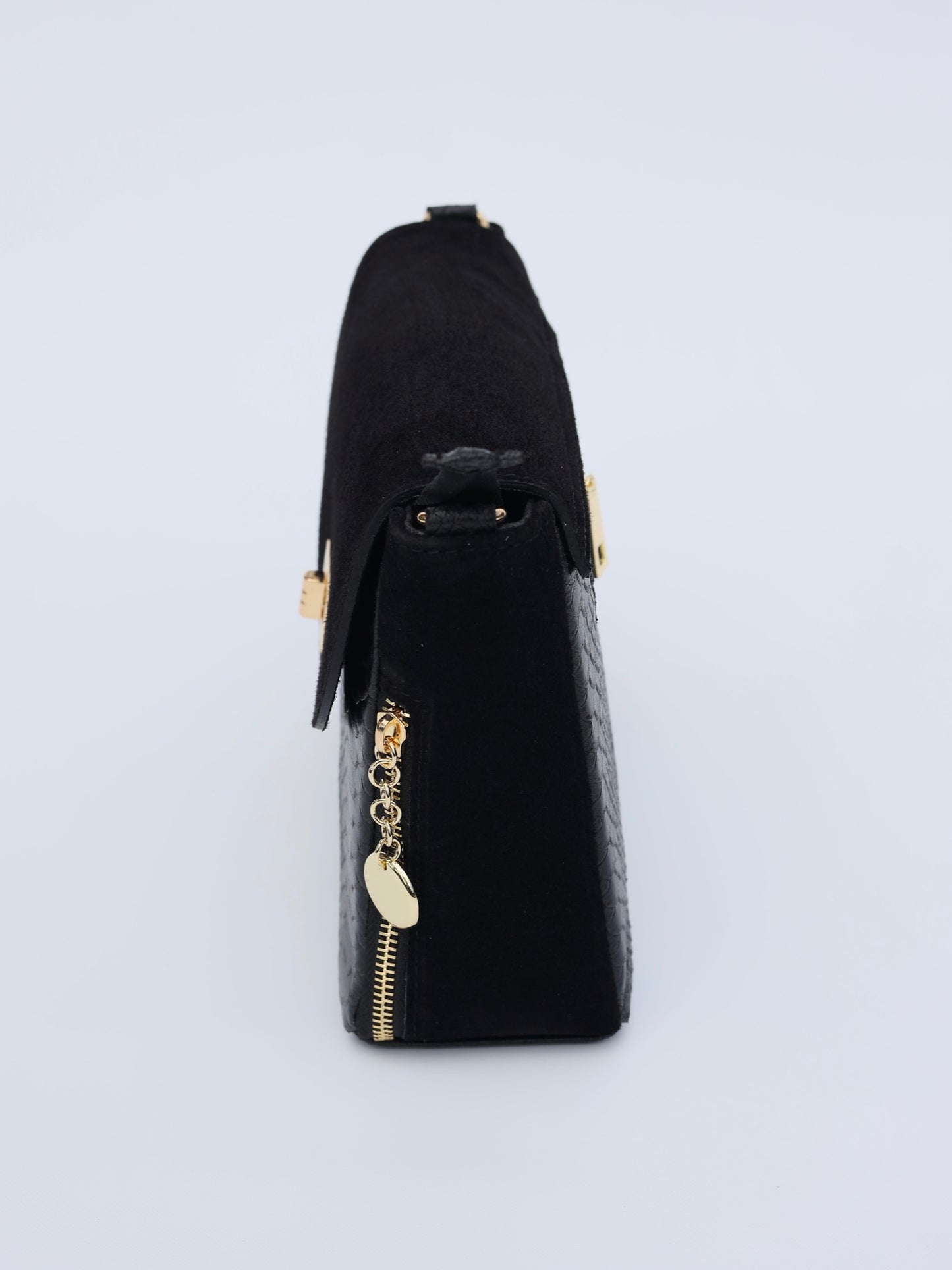 Aria Suede and Reptile Embossed Leather Cross Body Bag in Black