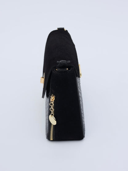 Aria Suede and Reptile Embossed Leather Cross Body Bag in Black