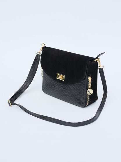 Aria Suede and Reptile Embossed Leather Cross Body Bag in Black