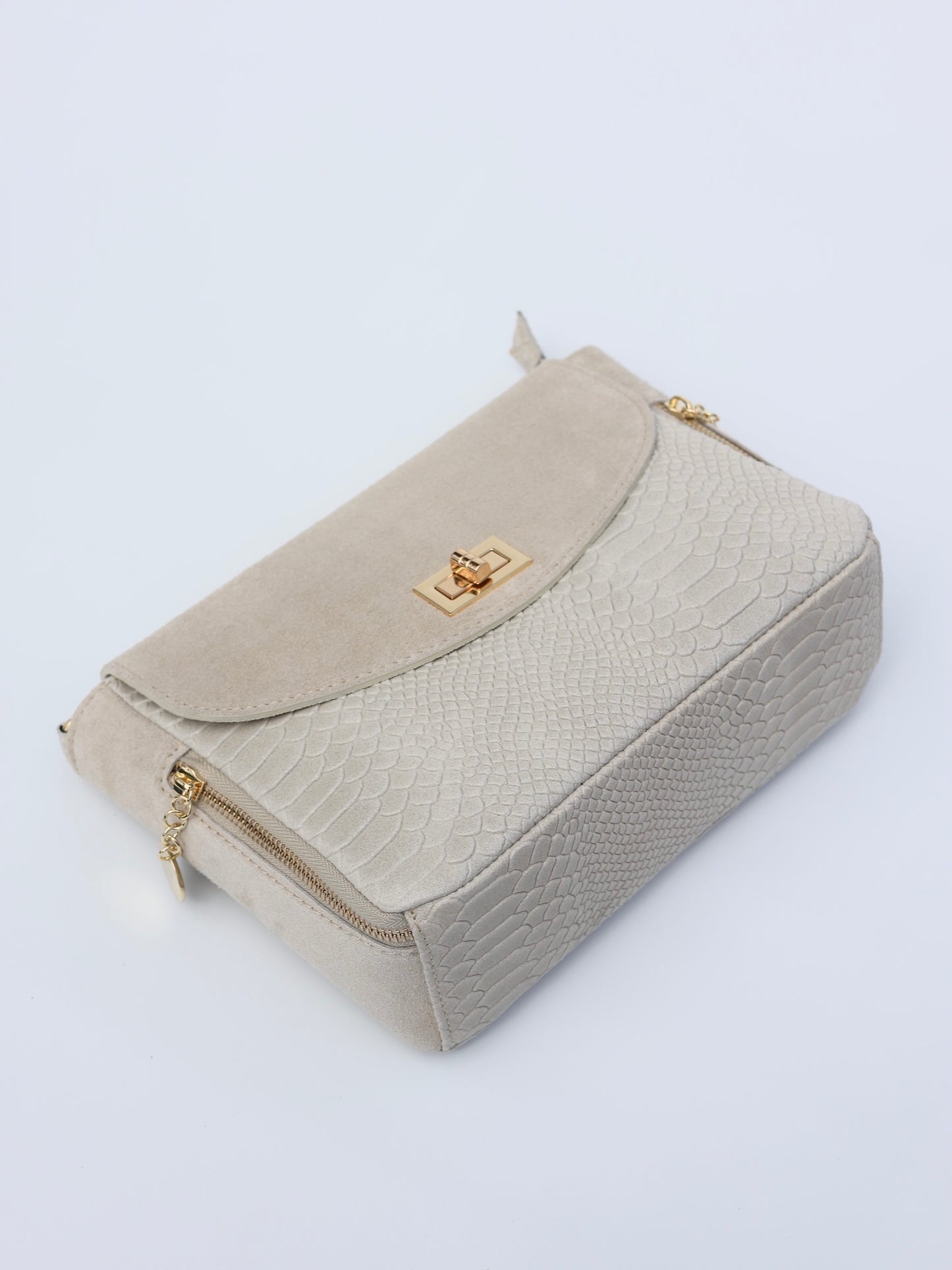Aria Suede and Reptile Embossed Leather Cross Body Bag in Cream