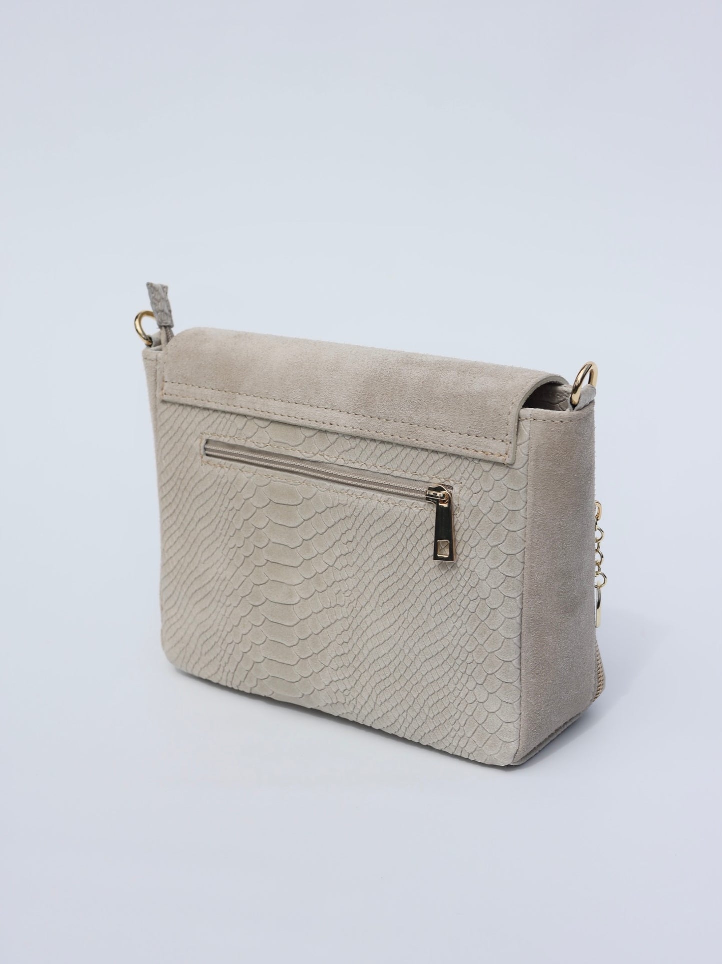 Aria Suede and Reptile Embossed Leather Cross Body Bag in Cream