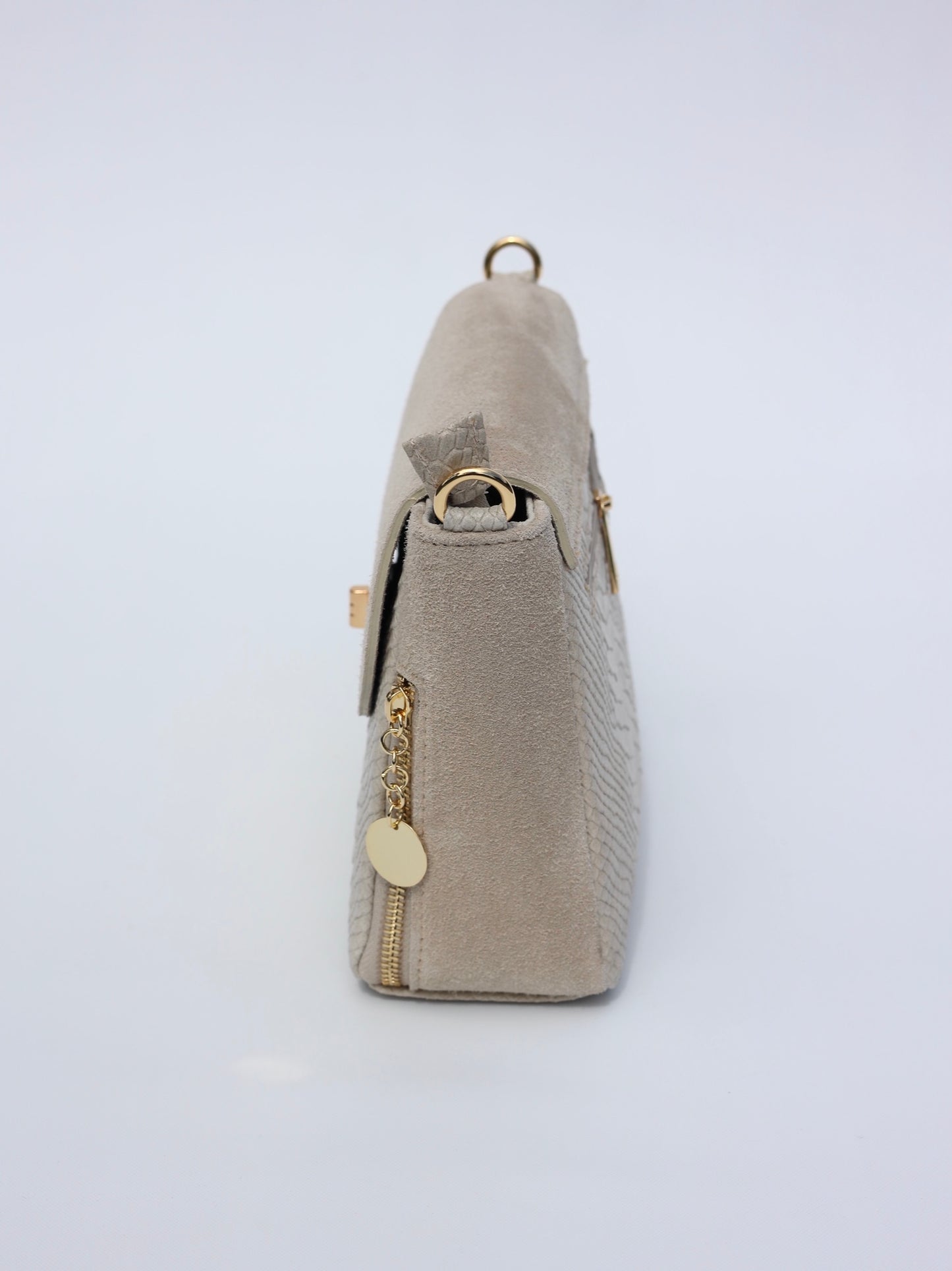 Aria Suede and Reptile Embossed Leather Cross Body Bag in Cream