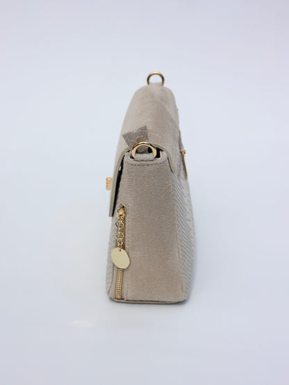 Aria Suede and Reptile Embossed Leather Cross Body Bag in Cream