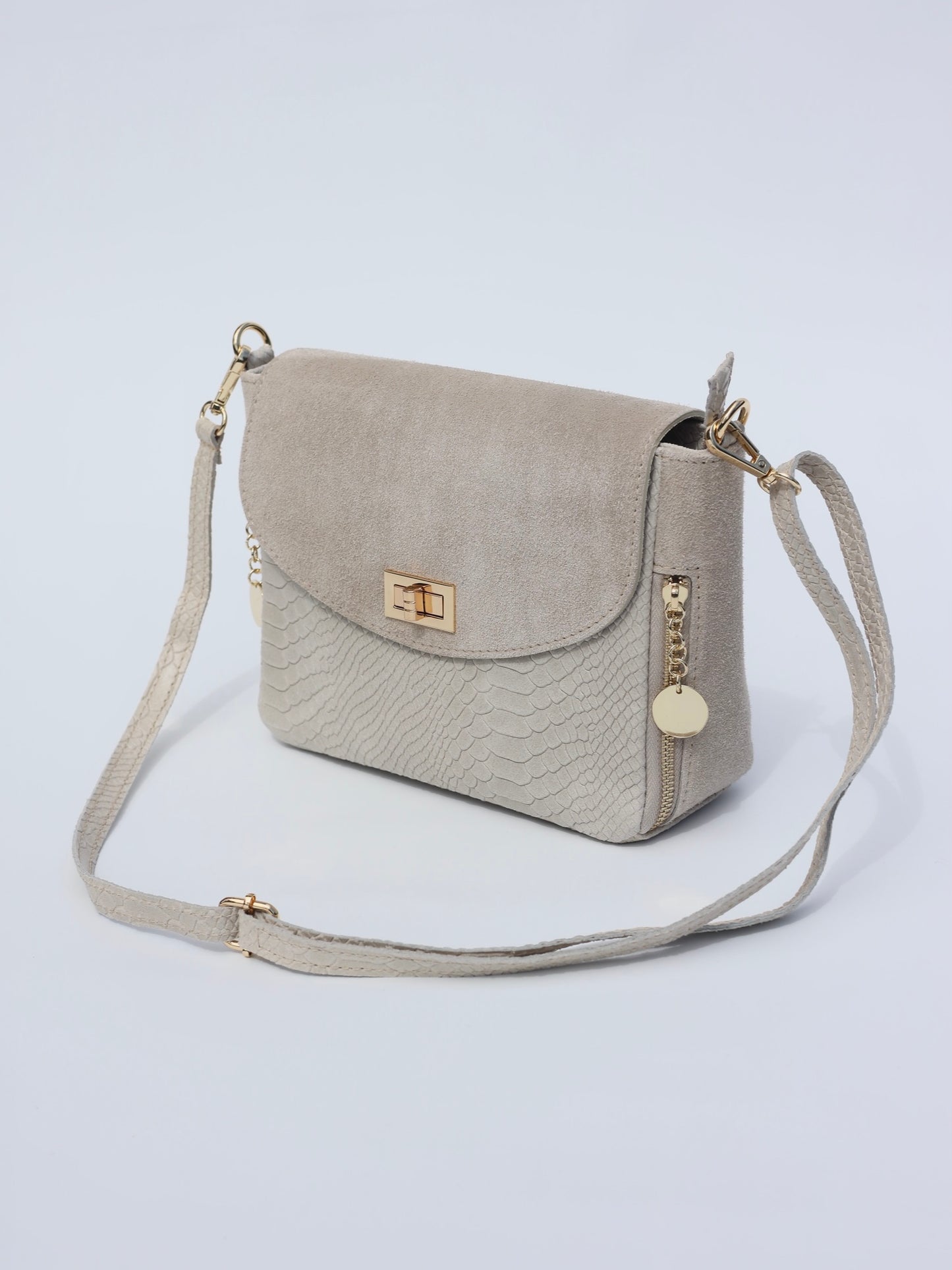 Aria Suede and Reptile Embossed Leather Cross Body Bag in Cream