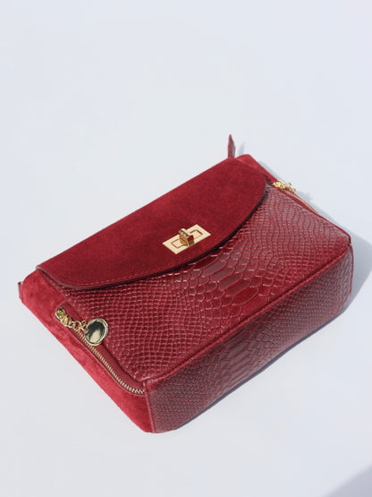 Aria Suede and Reptile Embossed Leather Cross Body Bag in Burgundy