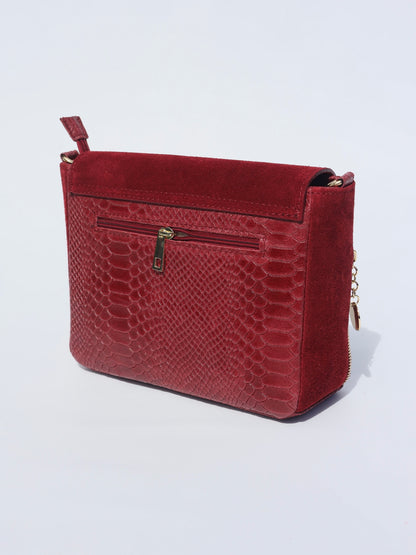 Aria Suede and Reptile Embossed Leather Cross Body Bag in Burgundy