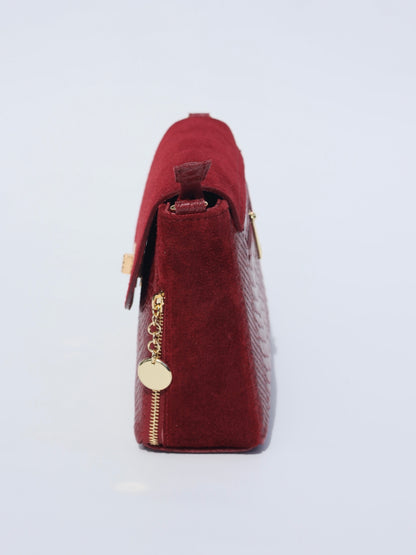 Aria Suede and Reptile Embossed Leather Cross Body Bag in Burgundy